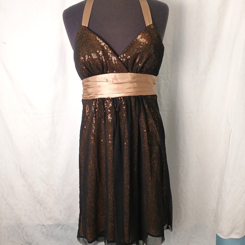 Gold & Black Halter Party Dress with bow at back